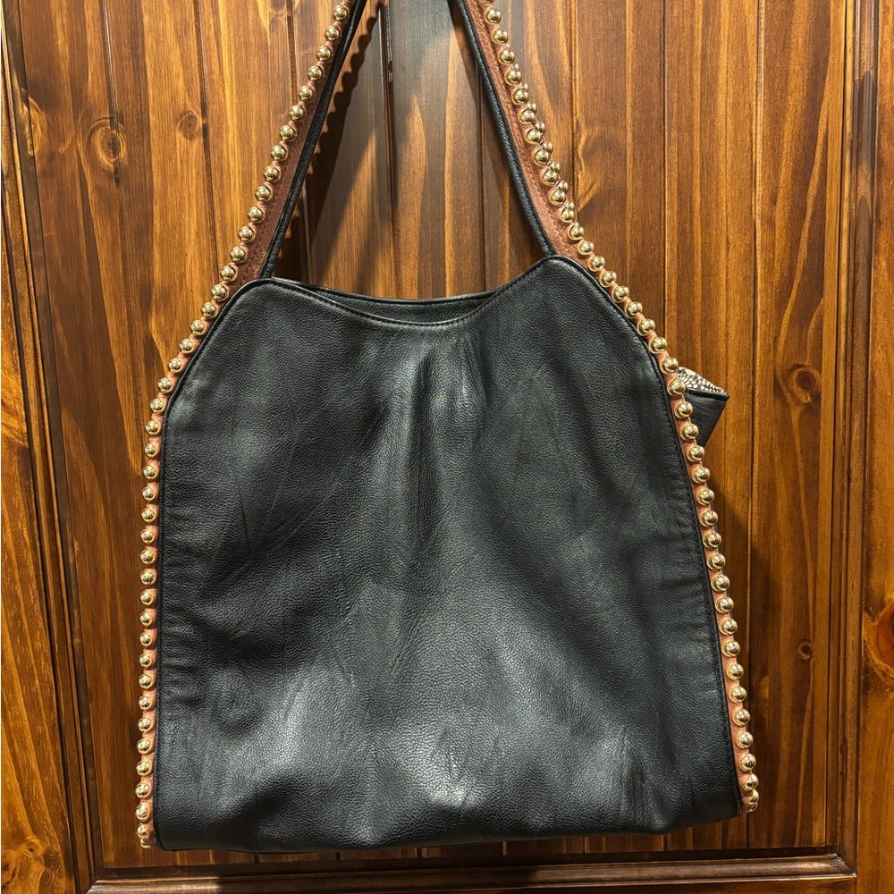 Big Buddha Black Leather Shoulder Bag with Gold Beaded Trim